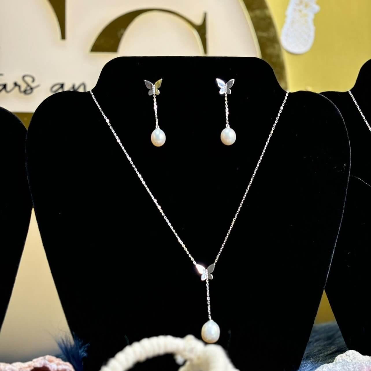 Butterfly Pearl Drop Earrings with Matching Butterfly Pearl Necklace in Sterling Silver