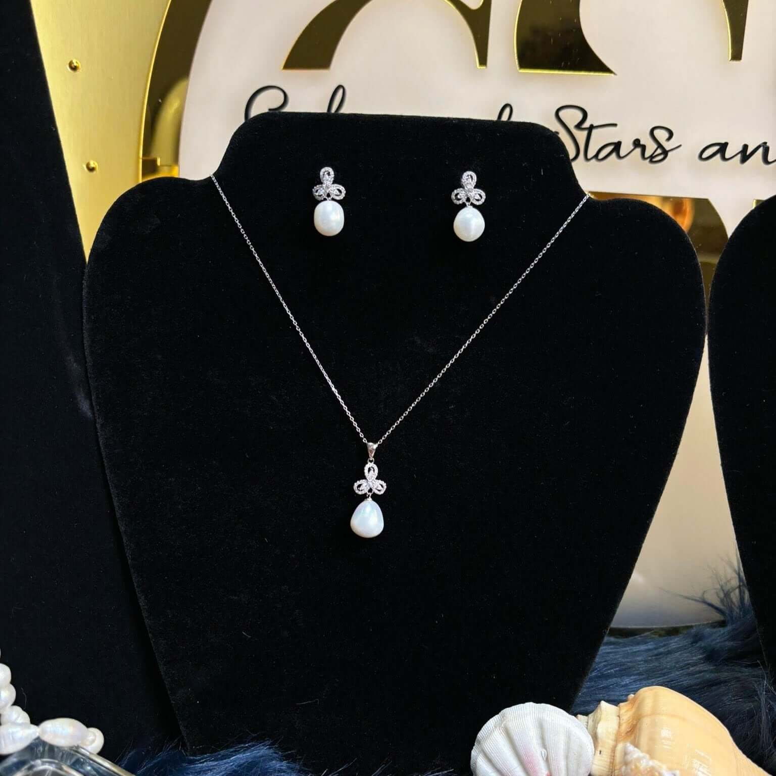 Elegant Petit Pearl Drop Stud Earrings w/ matching necklace in Sterling Silver