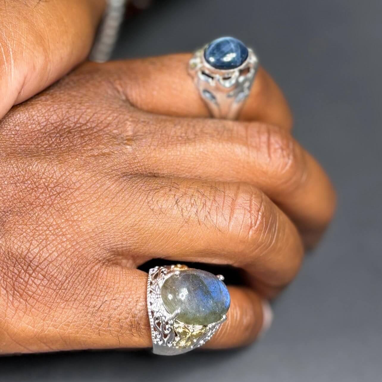 Handcrafted Solid .925 Sterling Silver featuring a 5-carat Blue Star Sapphire Cabochon Men's Ring (Index Finger)