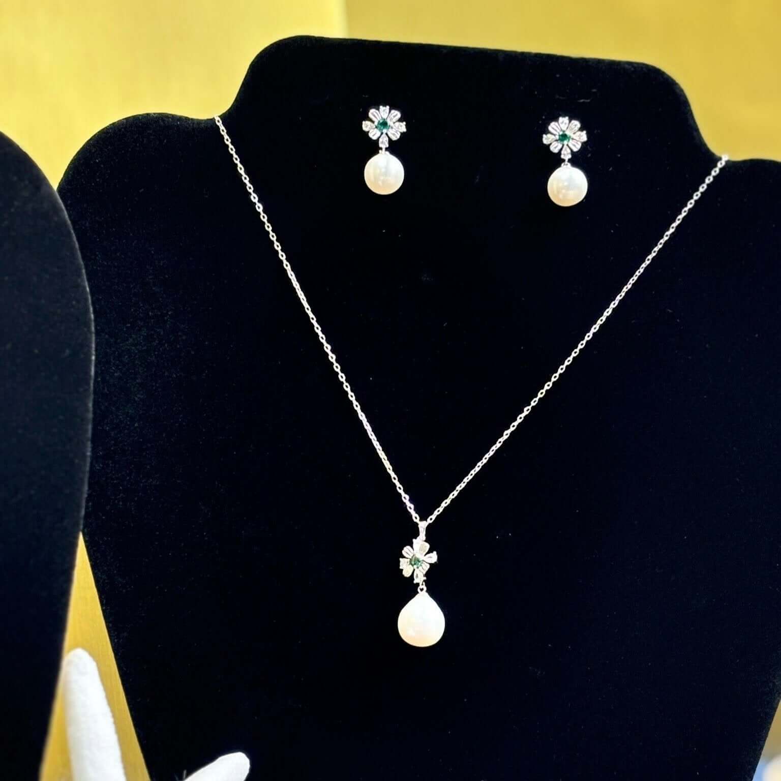 Elegant Flower with Emerald Center Pearl Drop Stud Earrings w/ matching necklace in Sterling Silver