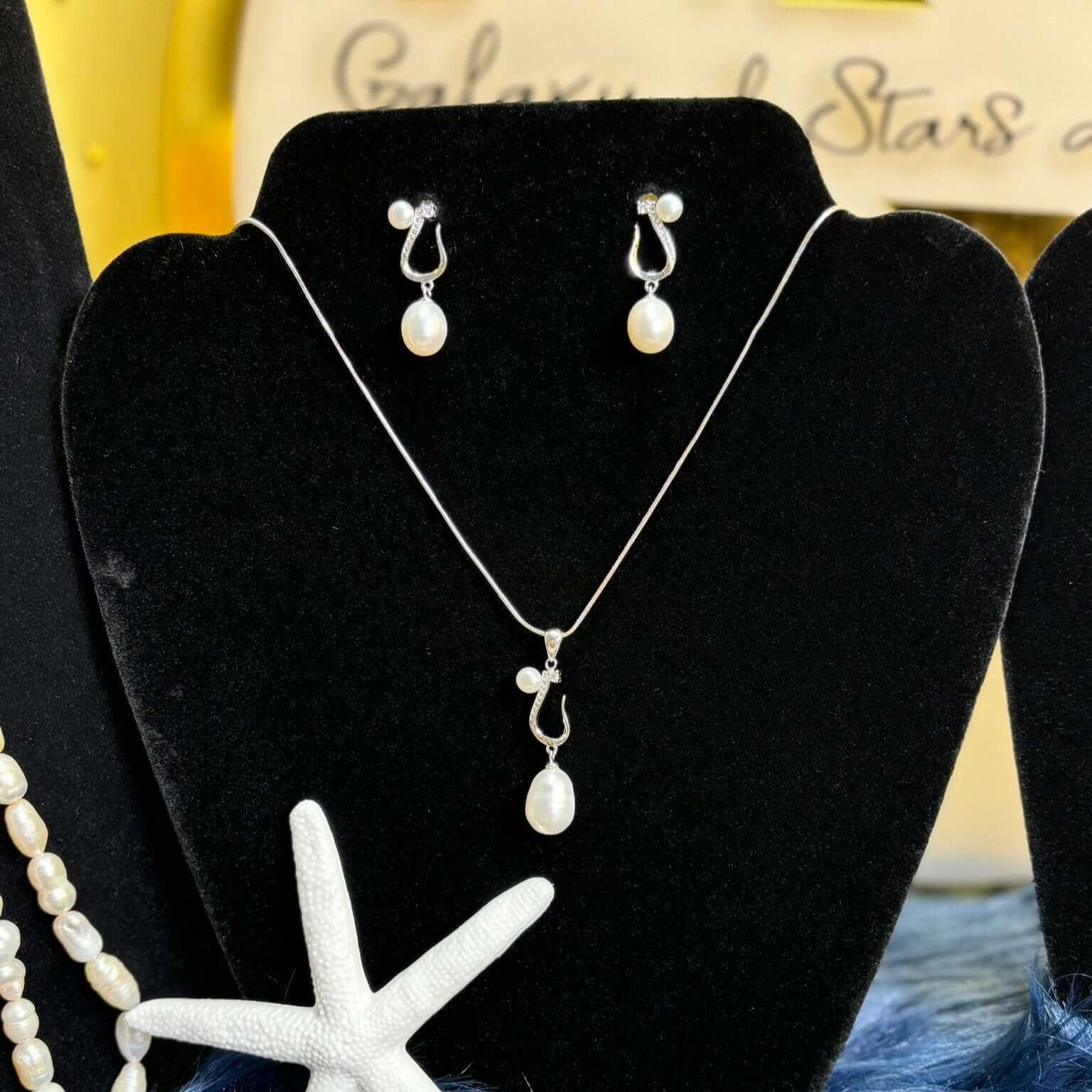 Elegant Hook Pearl Drop Stud Earrings w/ matching necklace in Sterling Silver