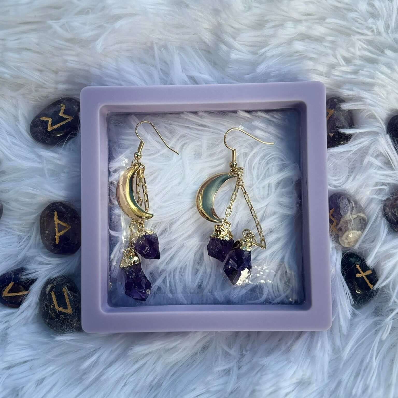 Amethyst Gold Tone Moon Earrings