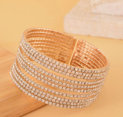 Austrian Crystal Layered Look Cuff Bracelet in Goldtone