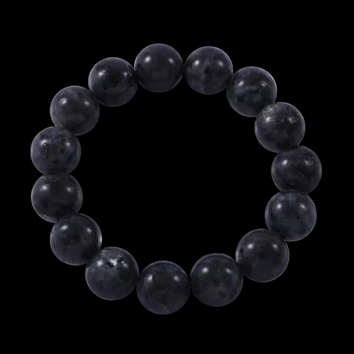 A black beaded stretch bracelet made of feldspar.