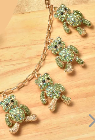 Green and Black Austrian Crystal Teddy Bear Charm Paper Clip Chain Bracelet