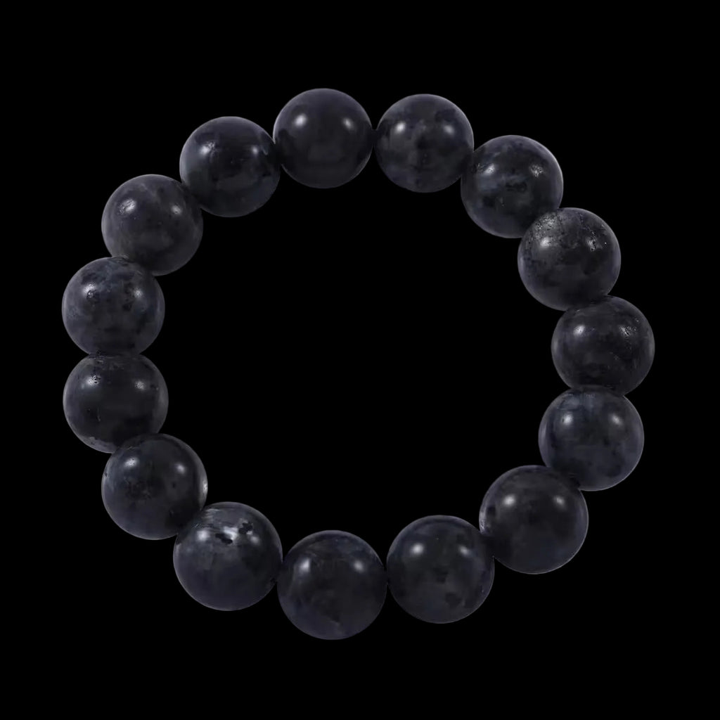 A black beaded stretch bracelet made of feldspar.