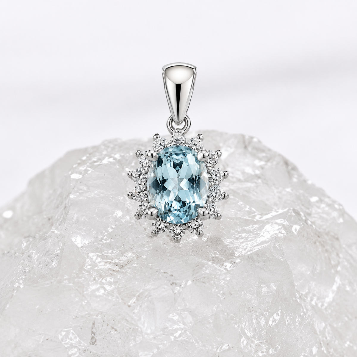 A natural oval-cut aquamarine surrounded by  Brilliant moissanite halo and set in sterling silver. 
Chain sold separately.