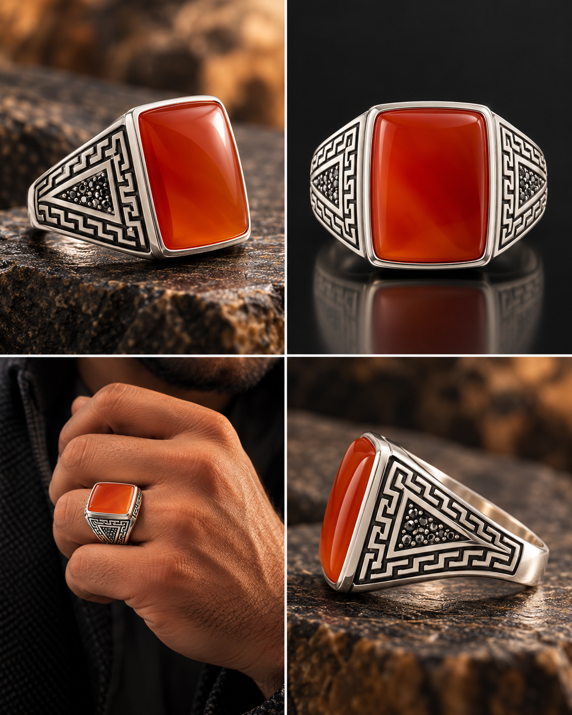 Carnelian Square Etched Statement Ring