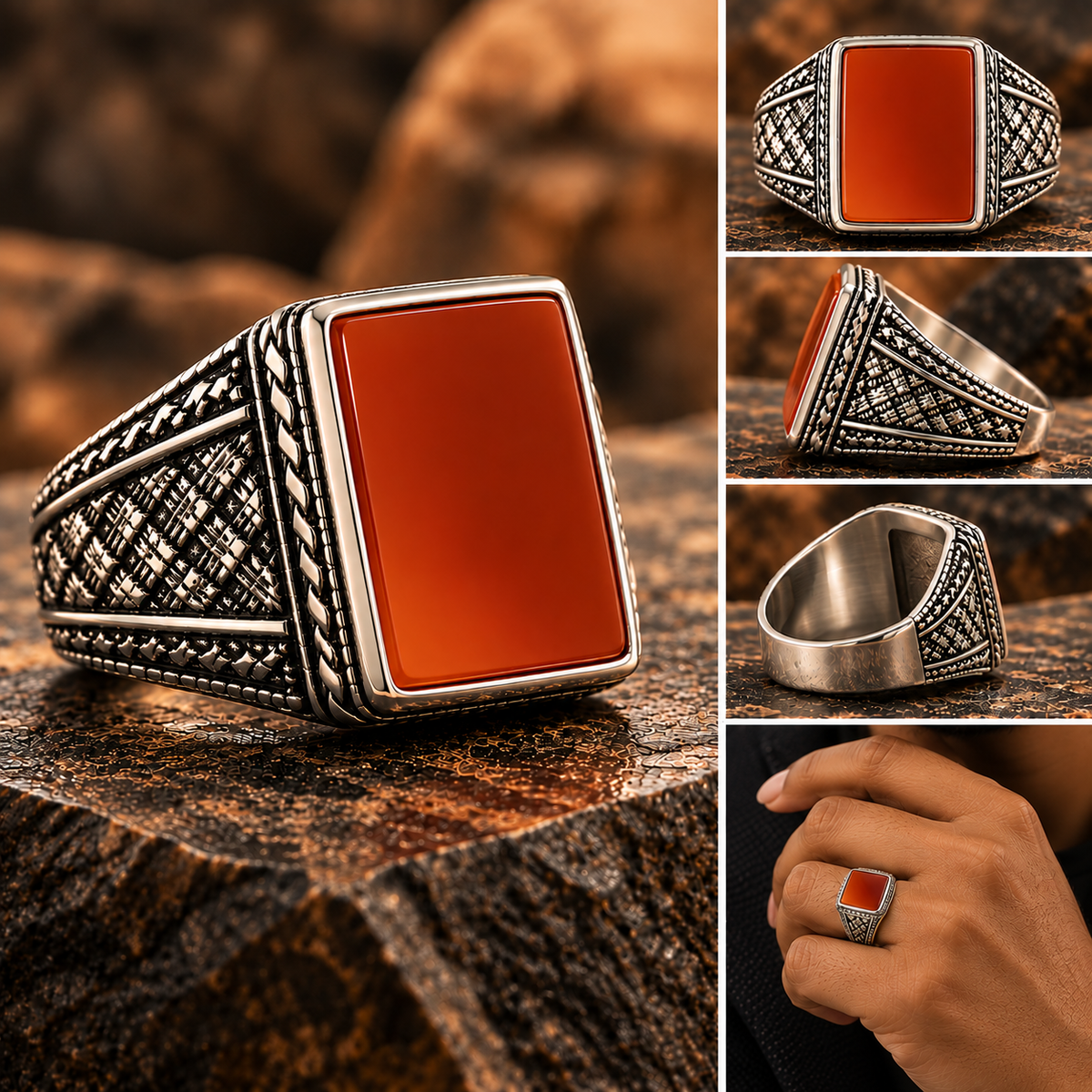 Atlas Carnelian Square Etched Statement Ring