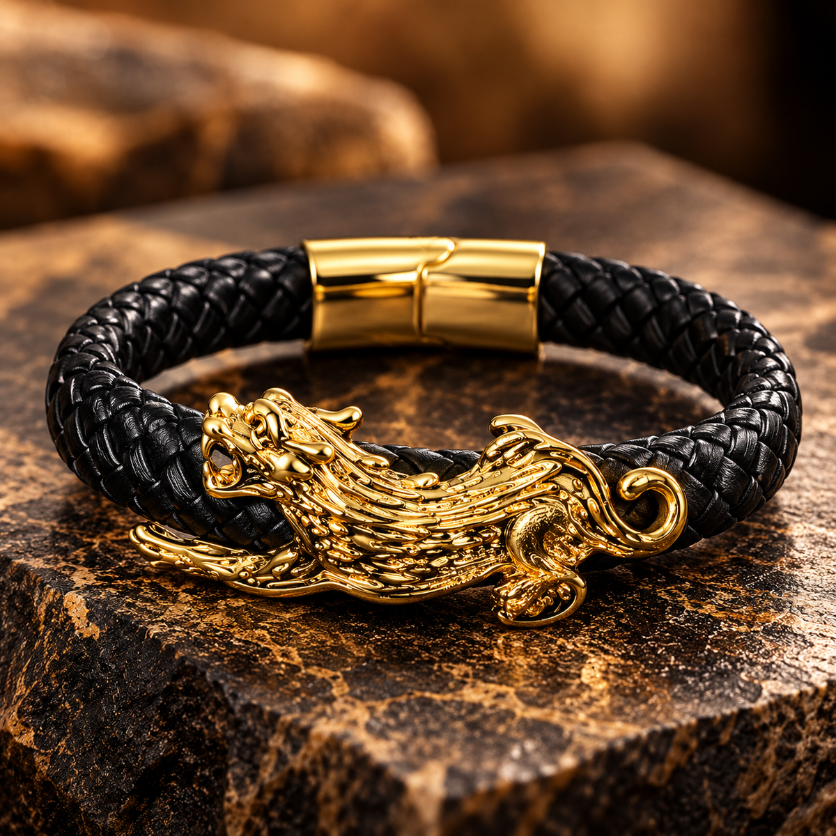 Atlas Pixiu Faux Black Leather Bracelet