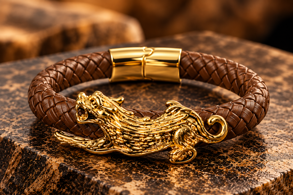 Atlas Pixiu Faux Black Leather Bracelet