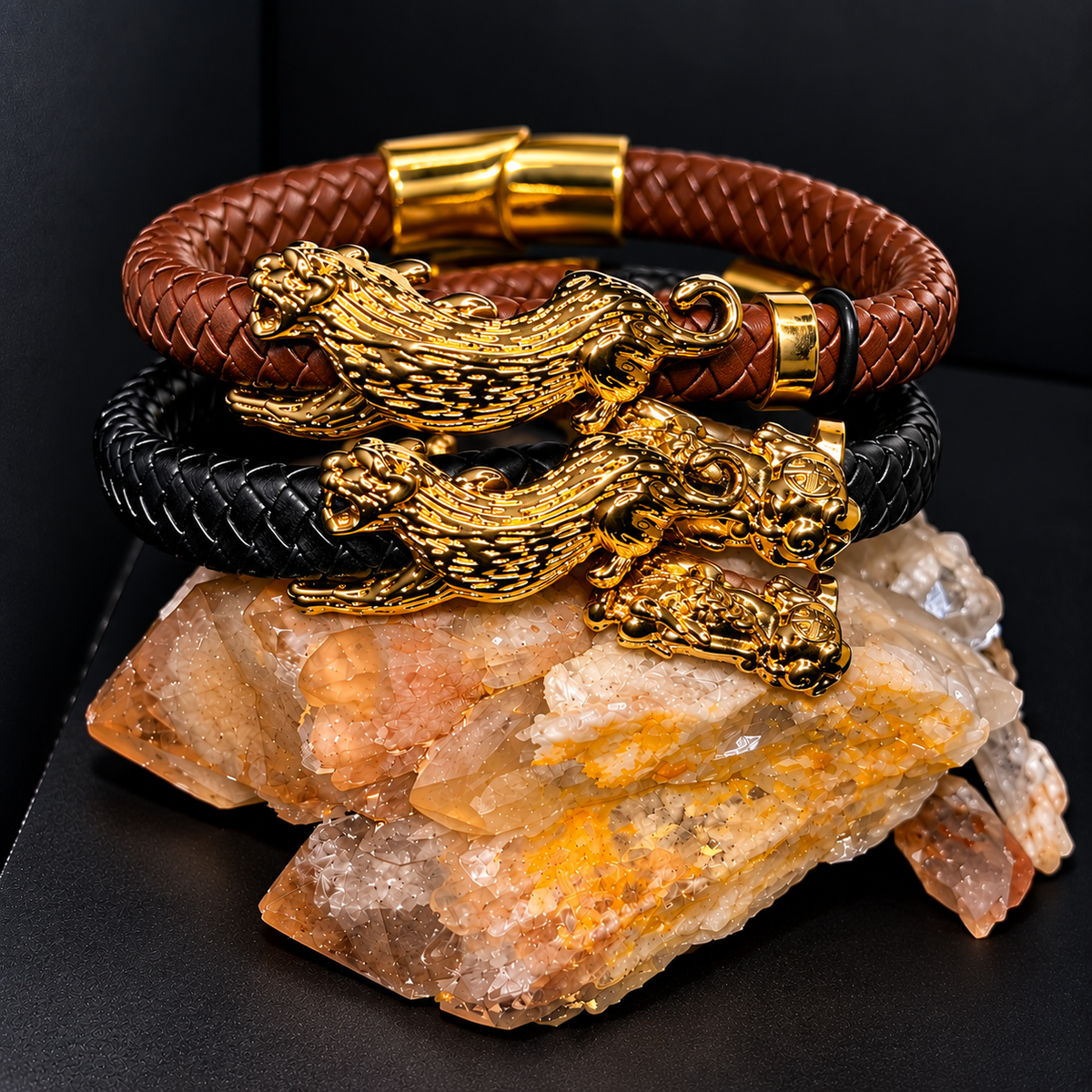 Atlas Pixiu Faux Black Leather Bracelet