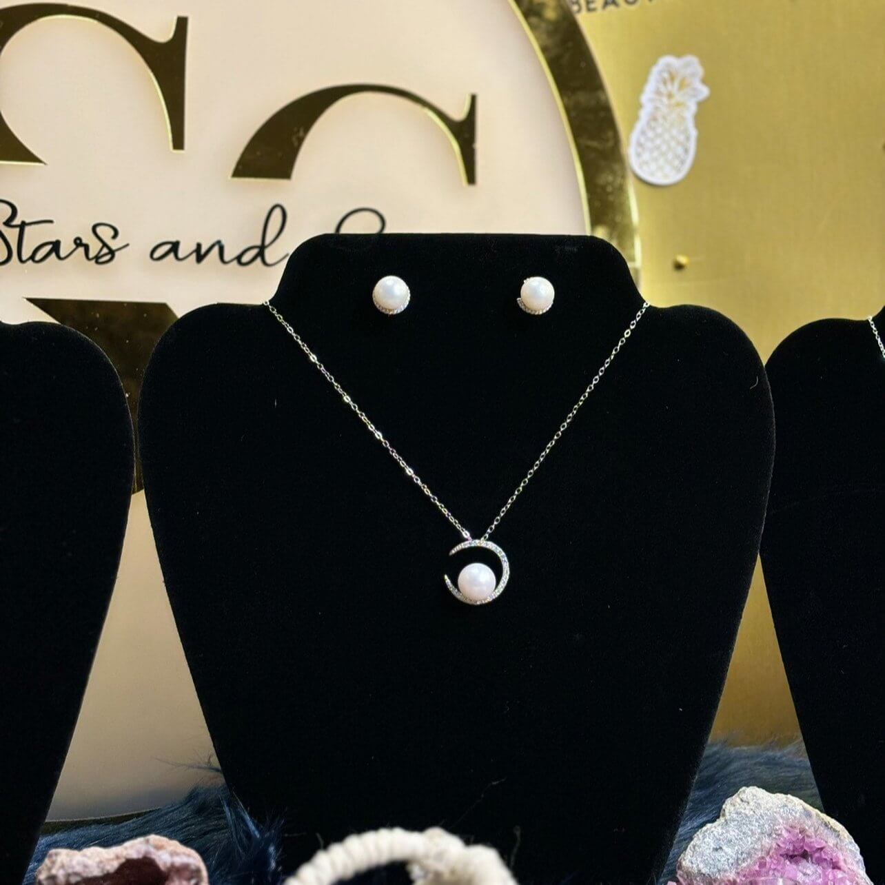 Moon Pearl Stud Earrings w/ matching necklace in Sterling Silve