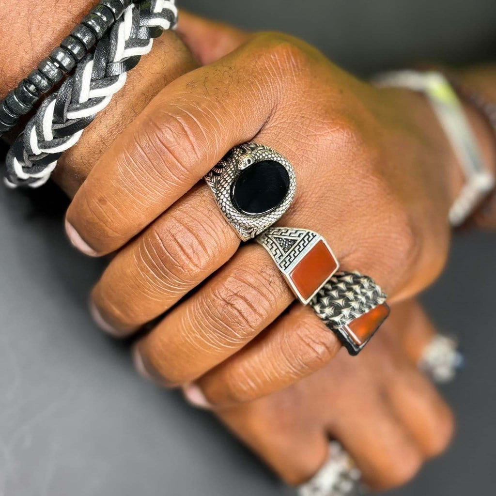 Handcrafted Square Etched Shank Solid .925 Sterling Silver Carnelian Band Ring in Rhodium(5th finger Pinky)